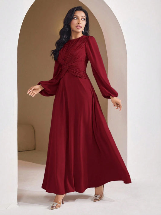 Veilorie Women's Solid Color Round Neck Lantern Sleeve With Waist Twist Detail Elegant Arabian Dress