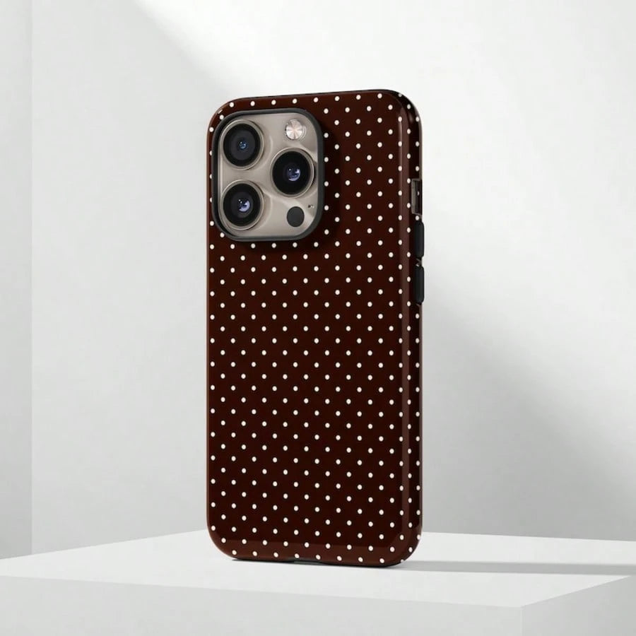 VESPOP Cute White Polka Dot Fashion Brown Base White Polka Dot Phone Case, Cute Y2K Style. Compatible With IPhone 17, 16, 15, 14, 13, 12, 11 Pro Max Plus Models,International Version, Not The Domestic