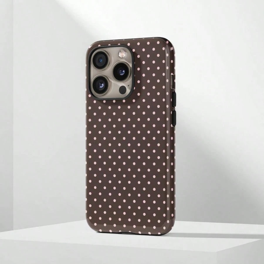 VESPOP Cute White Polka Dot Fashion Brown Base White Polka Dot Phone Case, Cute Y2K Style. Compatible With IPhone 17, 16, 15, 14, 13, 12, 11 Pro Max Plus Models,International Version, Not The Domestic