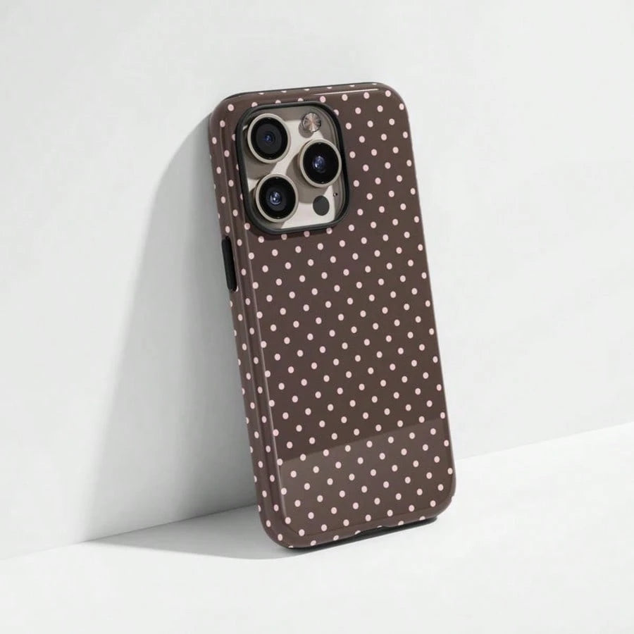VESPOP Cute White Polka Dot Fashion Brown Base White Polka Dot Phone Case, Cute Y2K Style. Compatible With IPhone 17, 16, 15, 14, 13, 12, 11 Pro Max Plus Models,International Version, Not The Domestic