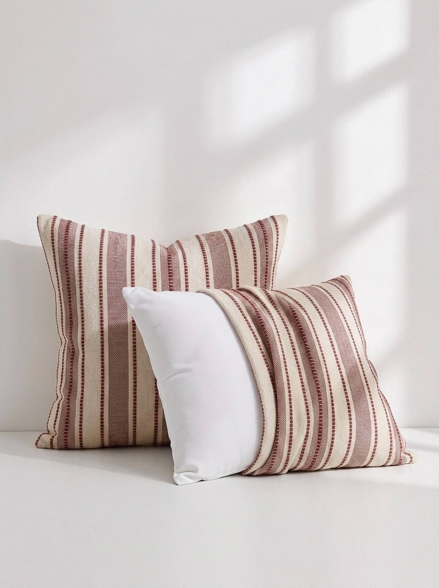 Veyra Day 1pc/2pcs Boho Farmhouse Stripe Throw Pillow Covers, Modern Woven Jacquard Cushion Covers For Sofa Couch Bed, Rustic Red Vertical Striped Accent Pillowcases (No Insert)