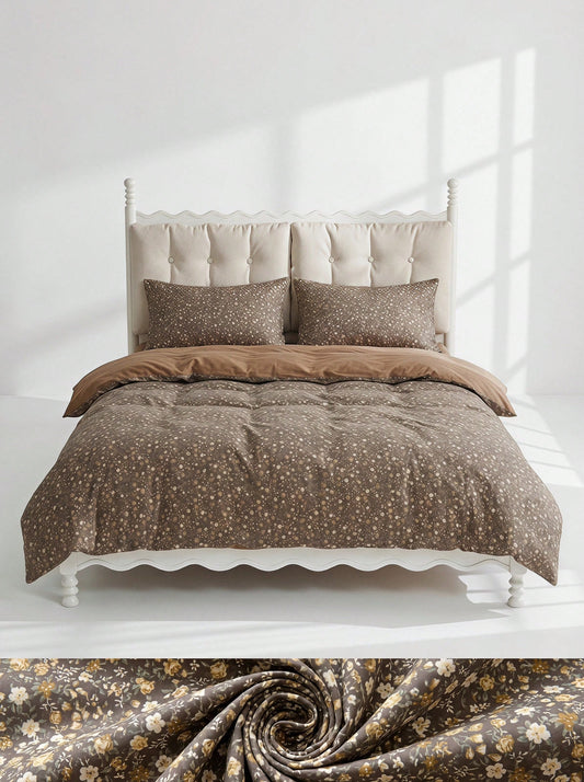 Veyra Day 3pcs Vintage Floral Duvet Cover Set, Soft Polyester Microfiber Reversible Bedding Set, Dark Brown Ditsy Rose Flower Comforter Cover With 2 Shams (No Insert)