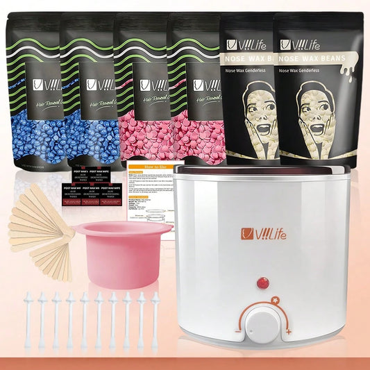 Viilife Waxing Kit, Hair Removal Wax Warmer With 6 Bags Hard Wax Beans For Full Body, Legs, Face, Eyebrows Bikini-Ideal For Both Women And Men With 20Pcs Applicator
