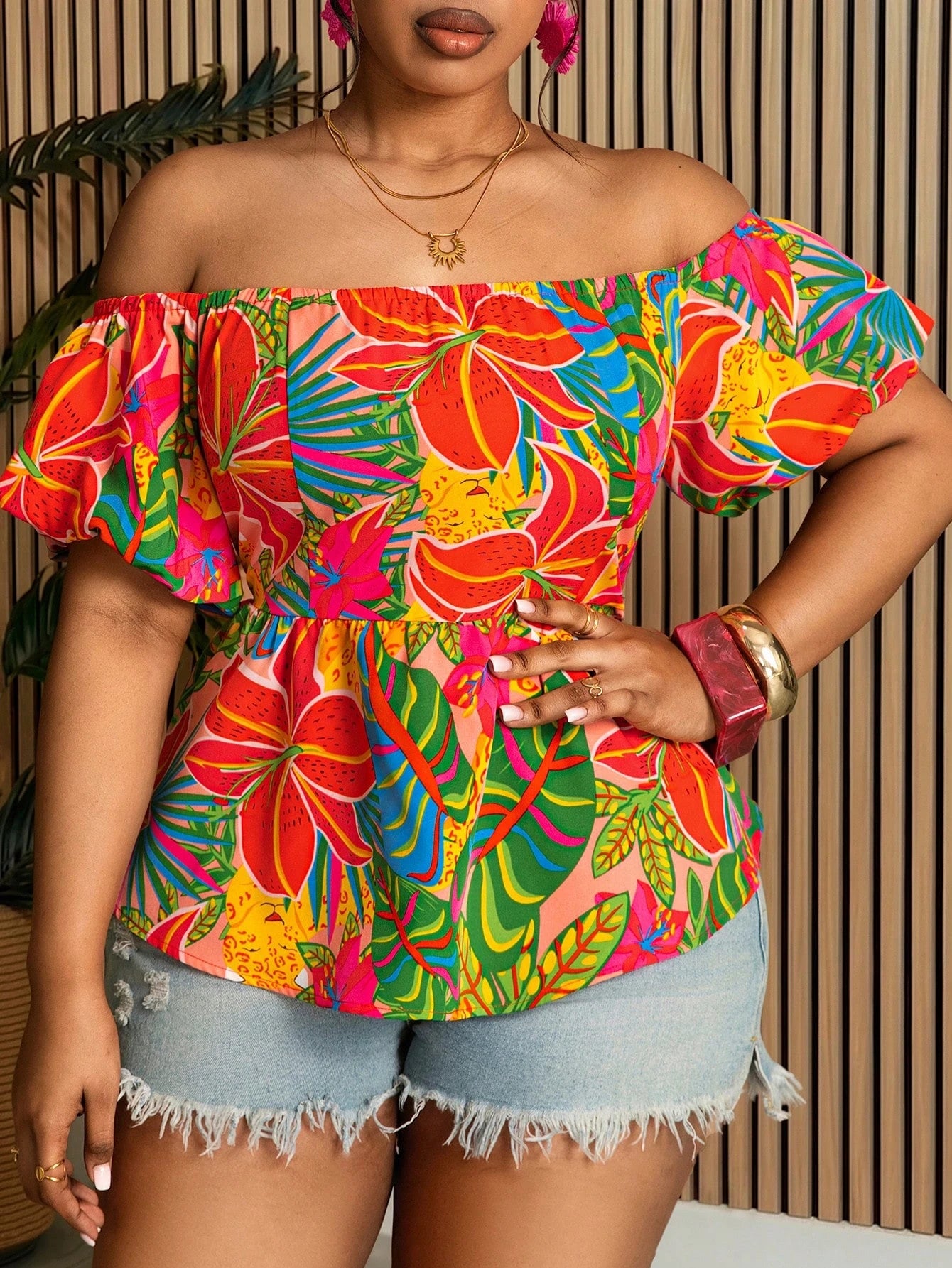 Villa Velisse Plus Size Women Tropical Plant Off Shoulder Short Petal Sleeve Blouse
