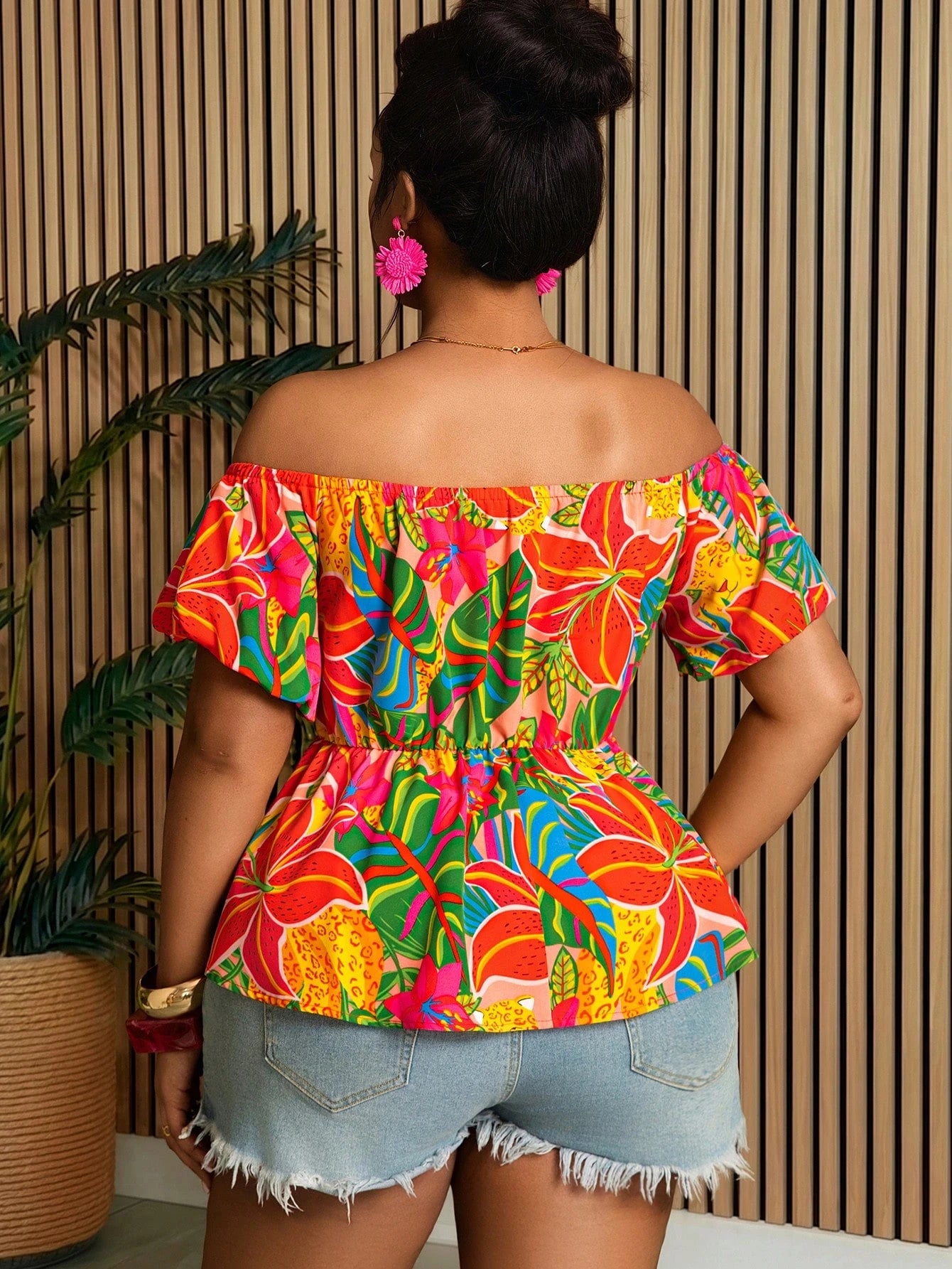 Villa Velisse Plus Size Women Tropical Plant Off Shoulder Short Petal Sleeve Blouse