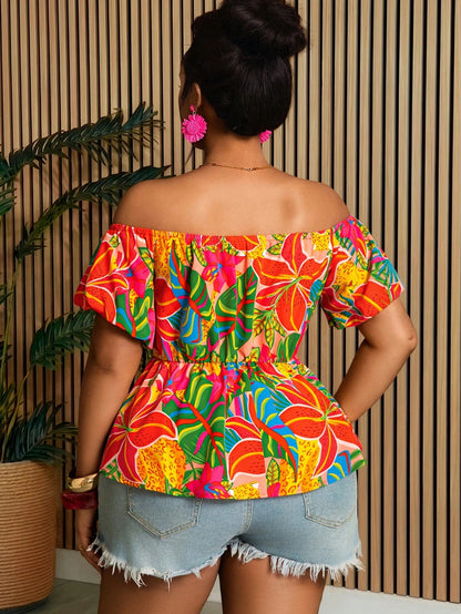 Villa Velisse Plus Size Women Tropical Plant Off Shoulder Short Petal Sleeve Blouse