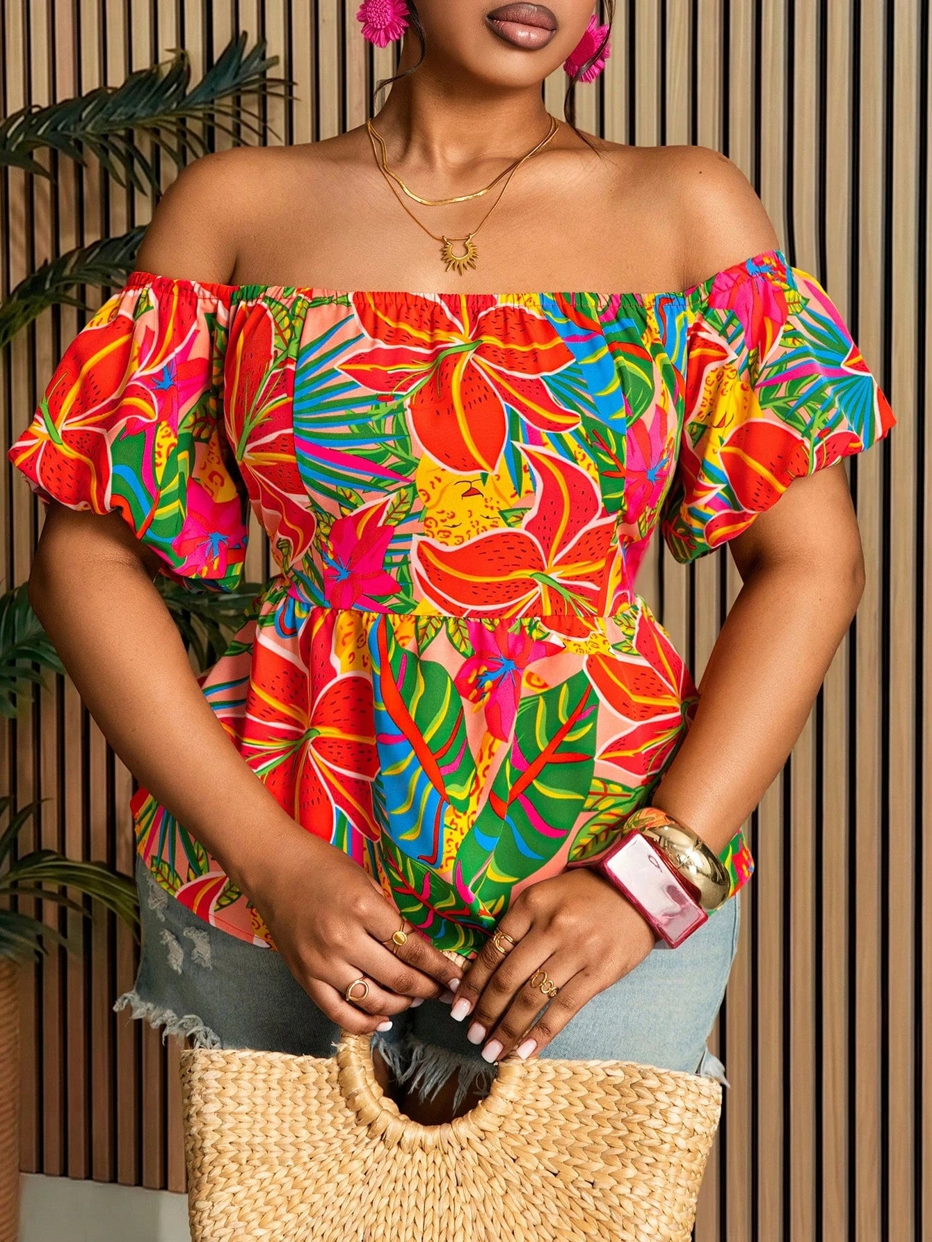 Villa Velisse Plus Size Women Tropical Plant Off Shoulder Short Petal Sleeve Blouse