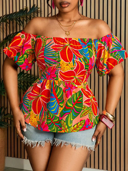 Villa Velisse Plus Size Women Tropical Plant Off Shoulder Short Petal Sleeve Blouse