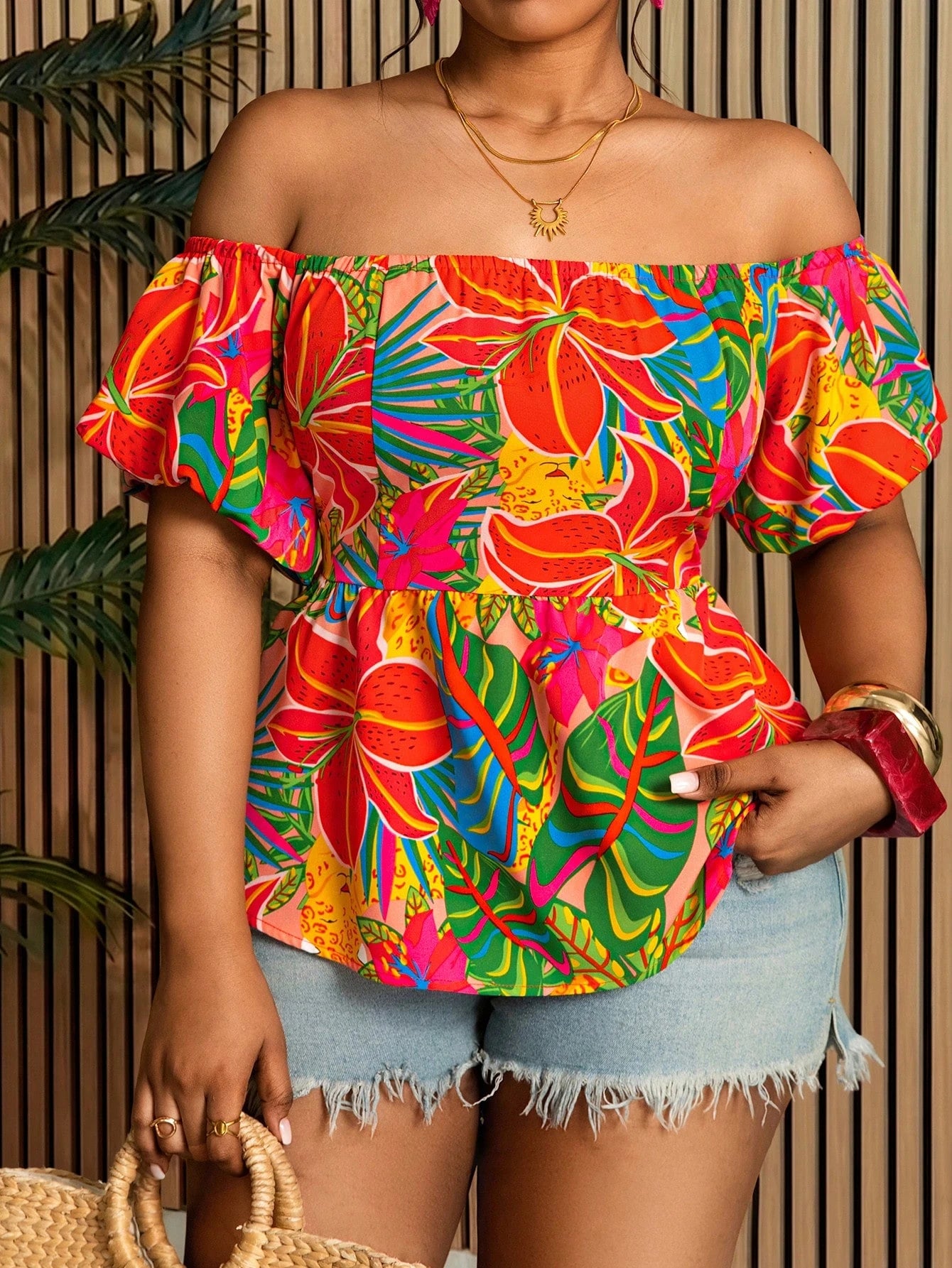 Villa Velisse Plus Size Women Tropical Plant Off Shoulder Short Petal Sleeve Blouse