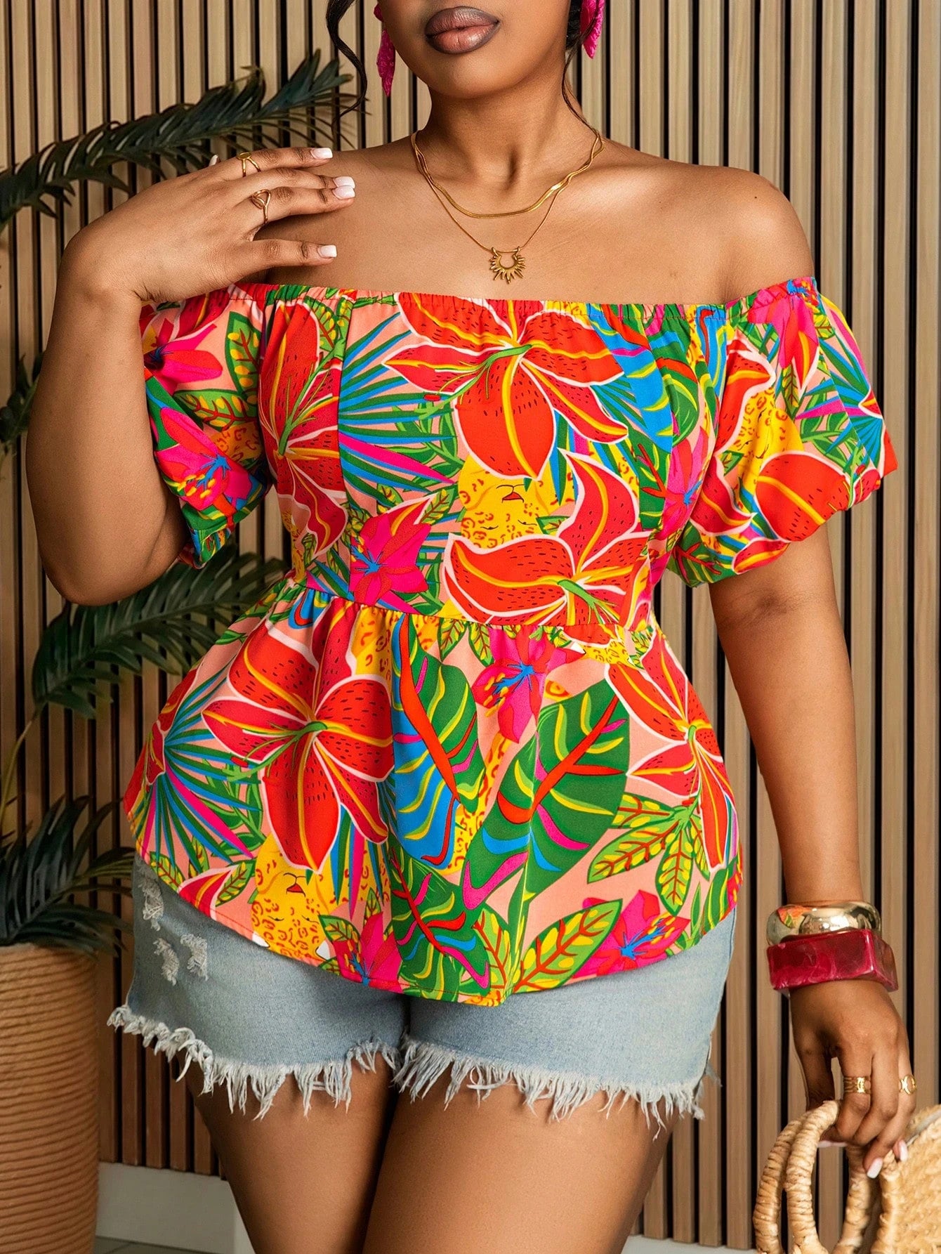Villa Velisse Plus Size Women Tropical Plant Off Shoulder Short Petal Sleeve Blouse