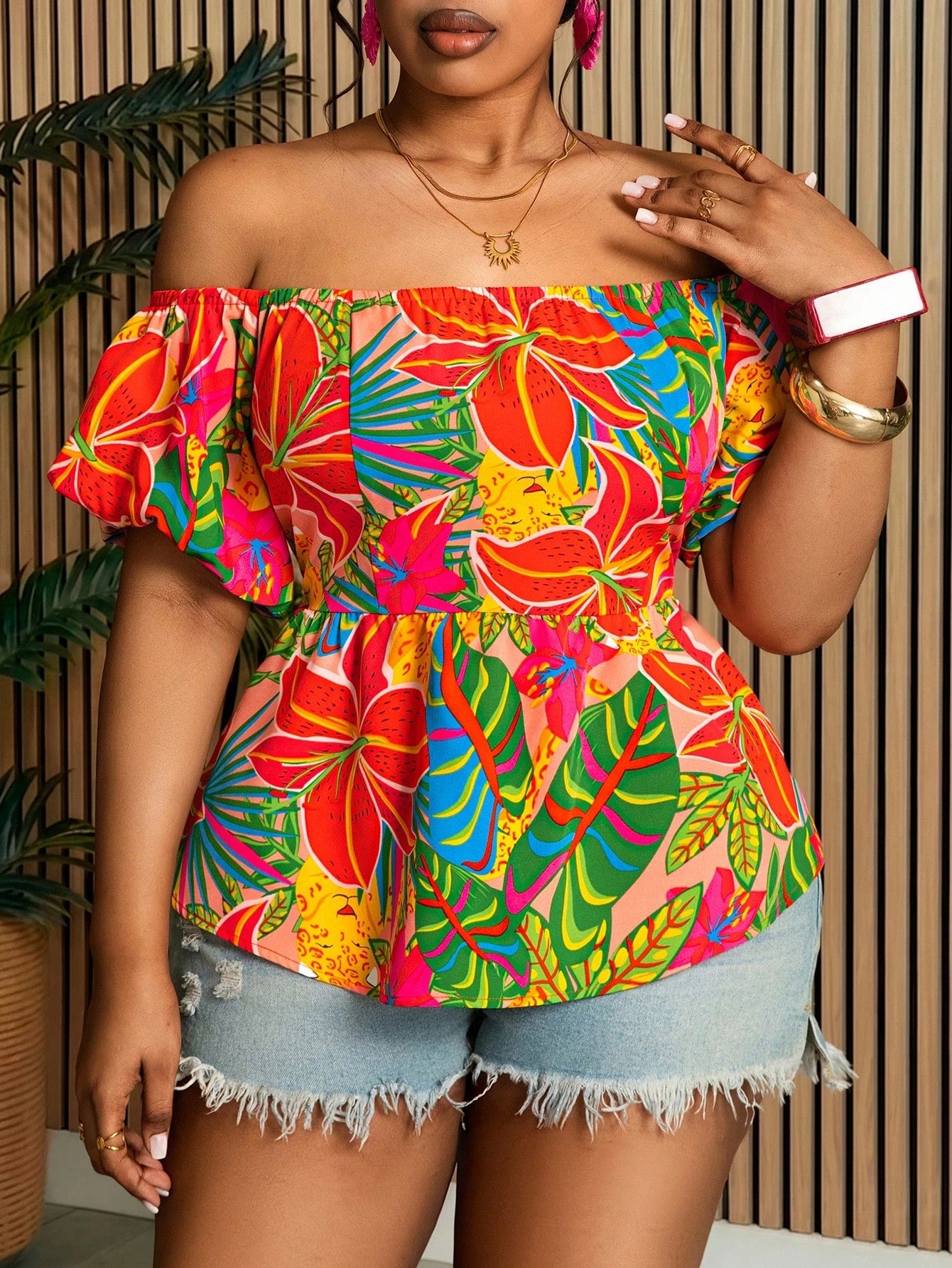 Villa Velisse Plus Size Women Tropical Plant Off Shoulder Short Petal Sleeve Blouse