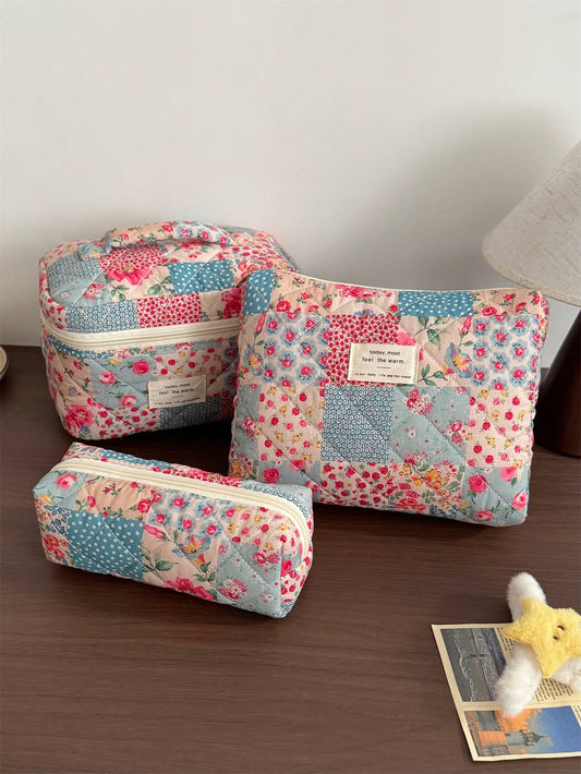 Vintage Elegant Patchwork Pattern Cosmetic Bag Set, Fashion Large Capacity Multi-Compartment Handbag, Multifunctional Travel Organizer Pouch, Storage Bag For Cosmetics, Makeup Tools, Etc., Holiday Gif