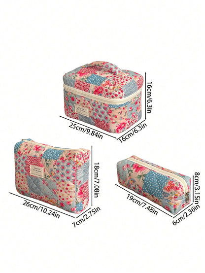 Vintage Elegant Patchwork Pattern Cosmetic Bag Set, Fashion Large Capacity Multi-Compartment Handbag, Multifunctional Travel Organizer Pouch, Storage Bag For Cosmetics, Makeup Tools, Etc., Holiday Gif