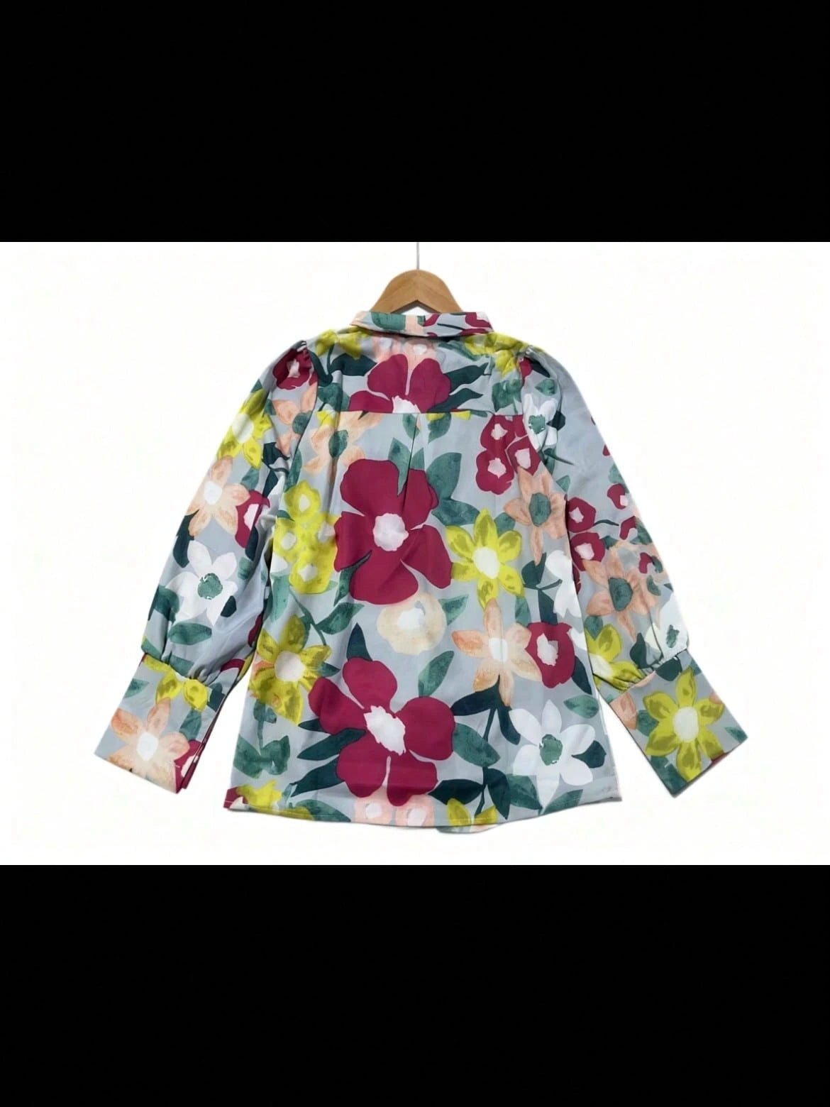 Vintage Floral Print Lantern Sleeve Women's Blouse, Fashionable Professional Lady Style Long Sleeve Top, Elegant Button Cuff Floral Shirt Vacation