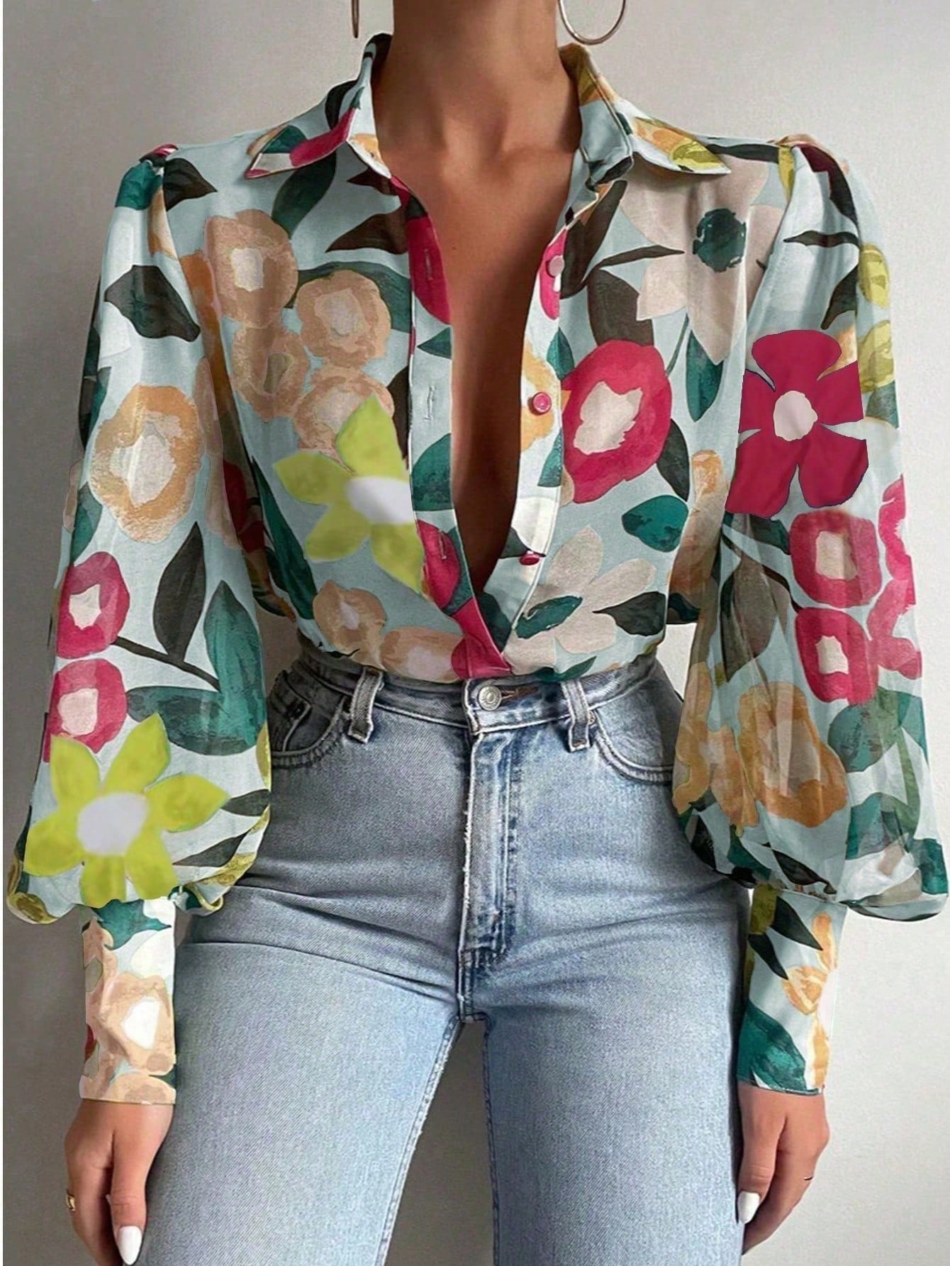 Vintage Floral Print Lantern Sleeve Women's Blouse, Fashionable Professional Lady Style Long Sleeve Top, Elegant Button Cuff Floral Shirt Vacation