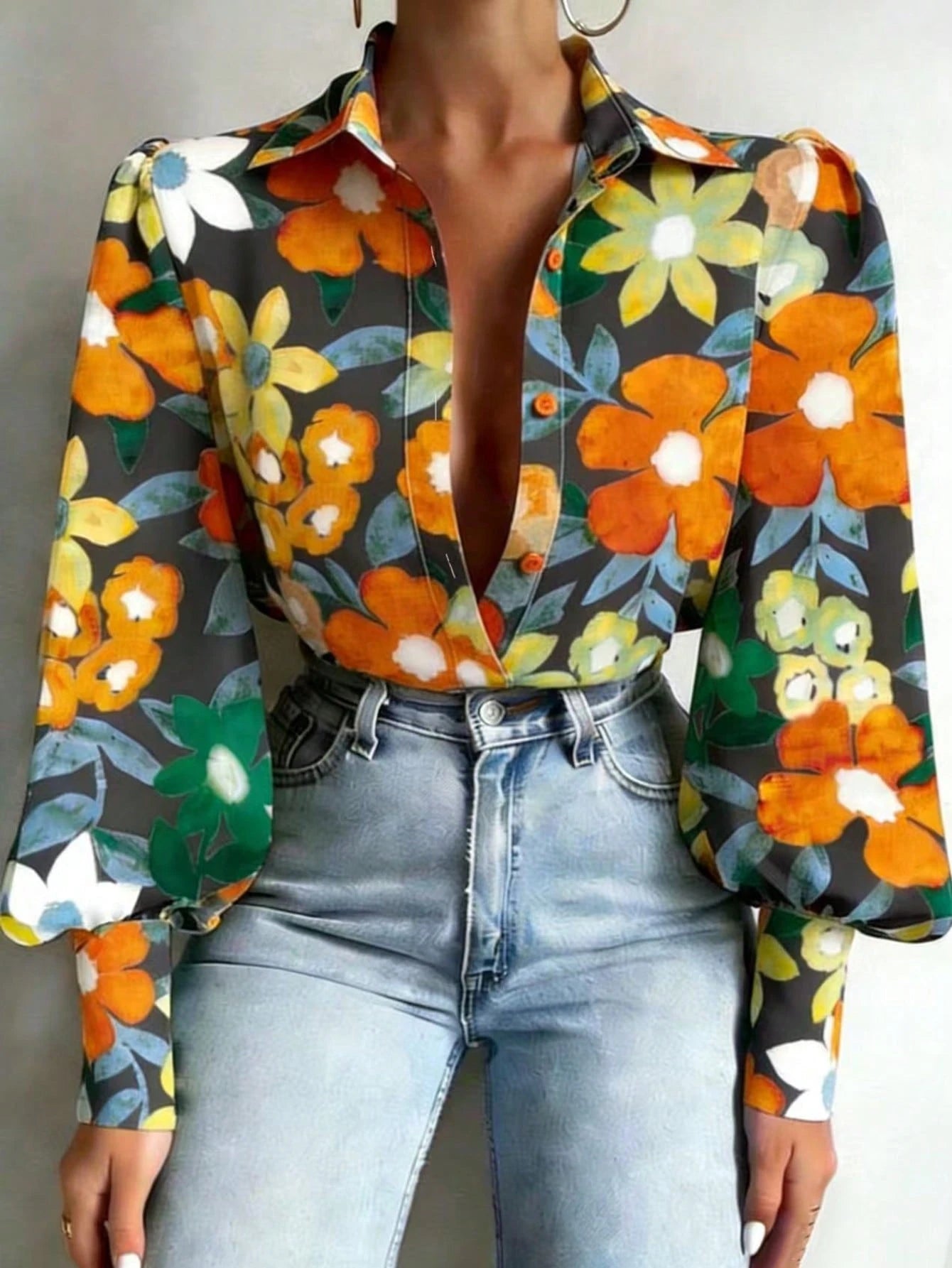 Vintage Floral Print Lantern Sleeve Women's Blouse, Fashionable Professional Lady Style Long Sleeve Top, Elegant Button Cuff Floral Shirt Vacation