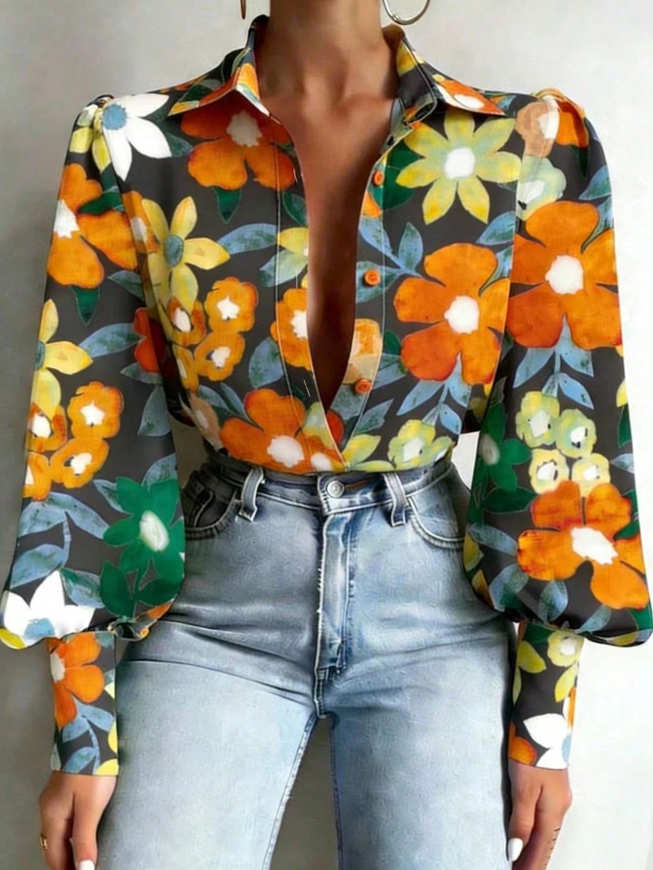 Vintage Floral Print Lantern Sleeve Women's Blouse, Fashionable Professional Lady Style Long Sleeve Top, Elegant Button Cuff Floral Shirt Vacation