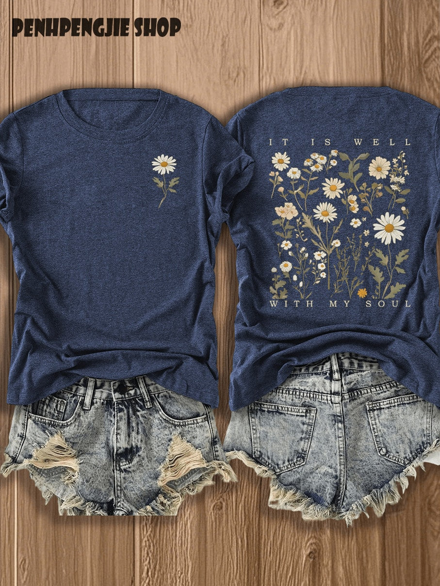 Vintage "It Is Well With My Soul" Wildflower Beach Front Back T-Shirt Summer Tops For Women, Casual Double Sided Graphic Tee Casual Graphic Print Te