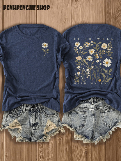 Vintage "It Is Well With My Soul" Wildflower Beach Front Back T-Shirt Summer Tops For Women, Casual Double Sided Graphic Tee Casual Graphic Print Te