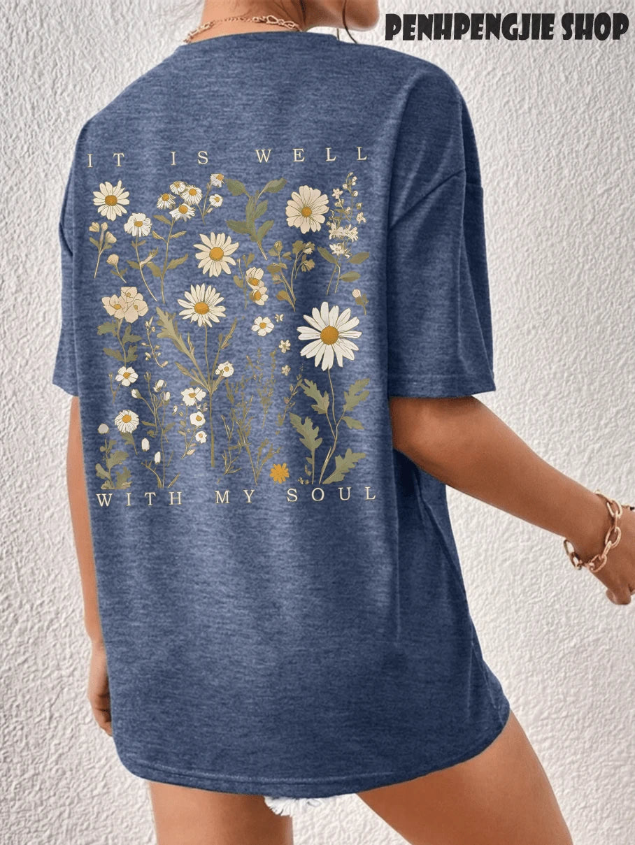 Vintage "It Is Well With My Soul" Wildflower Beach Front Back T-Shirt Summer Tops For Women, Casual Double Sided Graphic Tee Casual Graphic Print Te