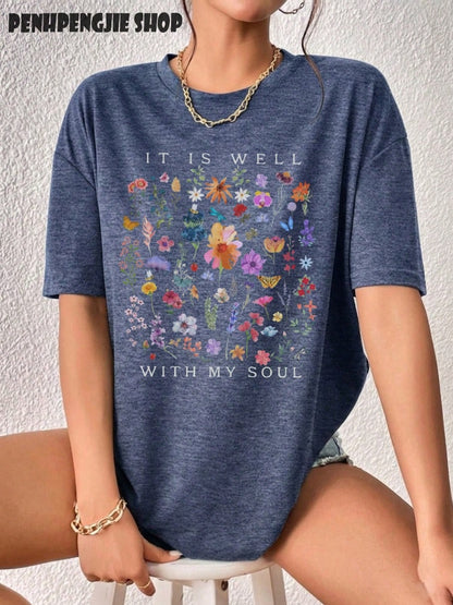 Vintage "It Is Well With My Soul" Wildflower Beach Front Back T-Shirt Summer Tops For Women, Casual Double Sided Graphic Tee Casual Graphic Print Te