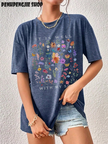 Vintage "It Is Well With My Soul" Wildflower Beach Front Back T-Shirt Summer Tops For Women, Casual Double Sided Graphic Tee Casual Graphic Print Te