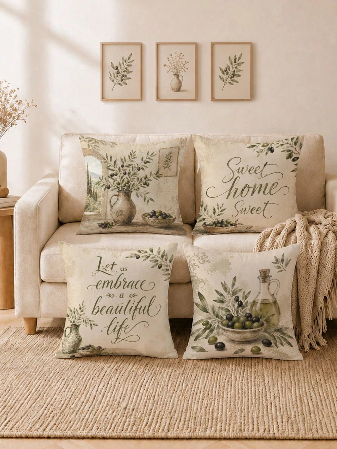 Vintage Olive Branch & Fruit Sweet Home Cushion Cover 4-Piece Set, Single-Sided Printed Peach Skin Velvet Polyester Material, 45*45CM Throw Pillow Covers For Modern Fabric Sofa Indoor Decor, Party Dec