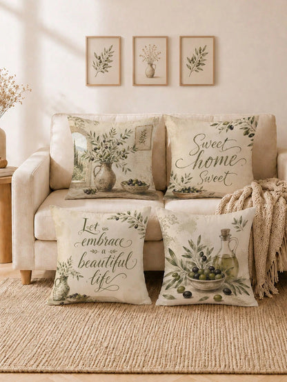 Vintage Olive Branch & Fruit Sweet Home Cushion Cover 4-Piece Set, Single-Sided Printed Peach Skin Velvet Polyester Material, 45*45CM Throw Pillow Covers For Modern Fabric Sofa Indoor Decor, Party Dec