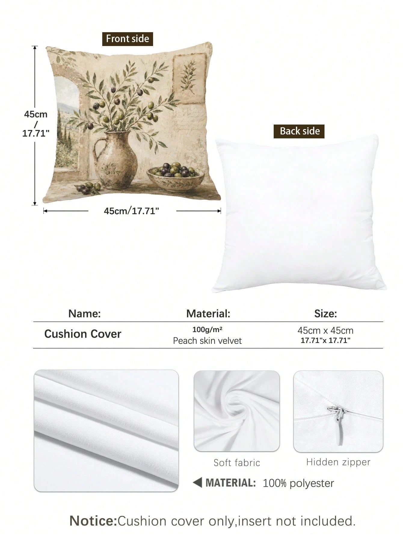 Vintage Olive Branch & Fruit Sweet Home Cushion Cover 4-Piece Set, Single-Sided Printed Peach Skin Velvet Polyester Material, 45*45CM Throw Pillow Covers For Modern Fabric Sofa Indoor Decor, Party Dec