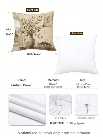 Vintage Olive Branch & Fruit Sweet Home Cushion Cover 4-Piece Set, Single-Sided Printed Peach Skin Velvet Polyester Material, 45*45CM Throw Pillow Covers For Modern Fabric Sofa Indoor Decor, Party Dec