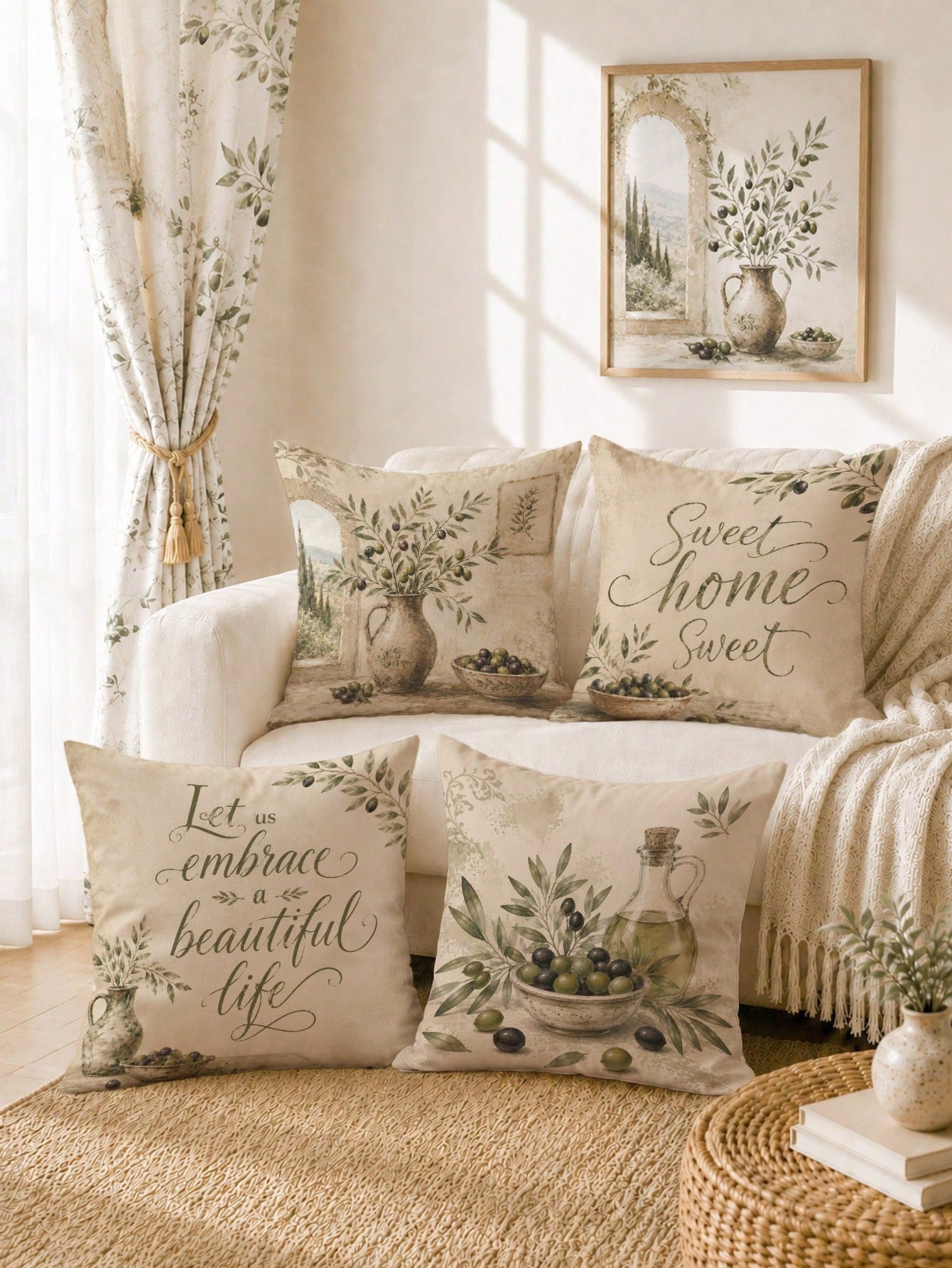 Vintage Olive Branch & Fruit Sweet Home Cushion Cover 4-Piece Set, Single-Sided Printed Peach Skin Velvet Polyester Material, 45*45CM Throw Pillow Covers For Modern Fabric Sofa Indoor Decor, Party Dec