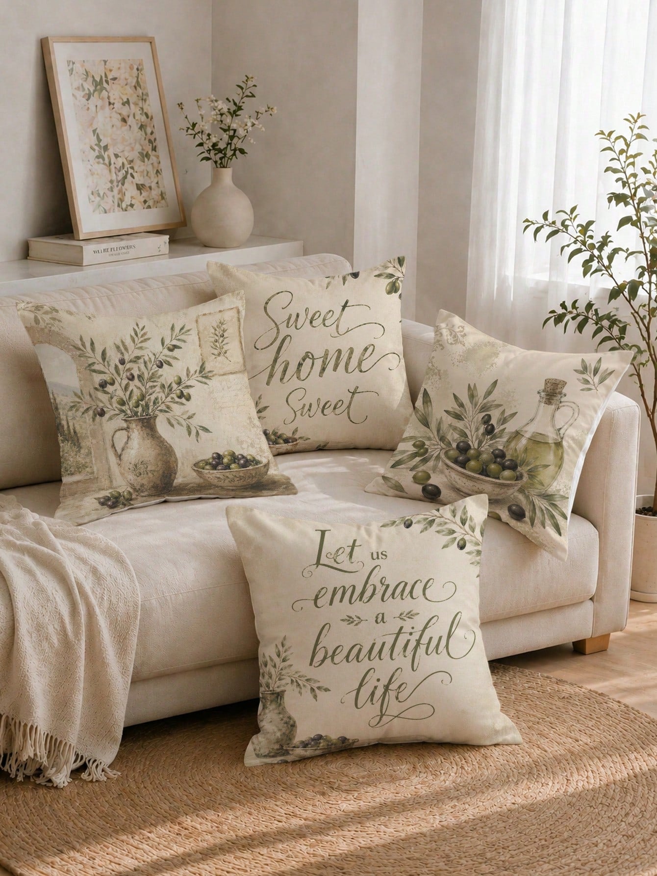 Vintage Olive Branch & Fruit Sweet Home Cushion Cover 4-Piece Set, Single-Sided Printed Peach Skin Velvet Polyester Material, 45*45CM Throw Pillow Covers For Modern Fabric Sofa Indoor Decor, Party Dec