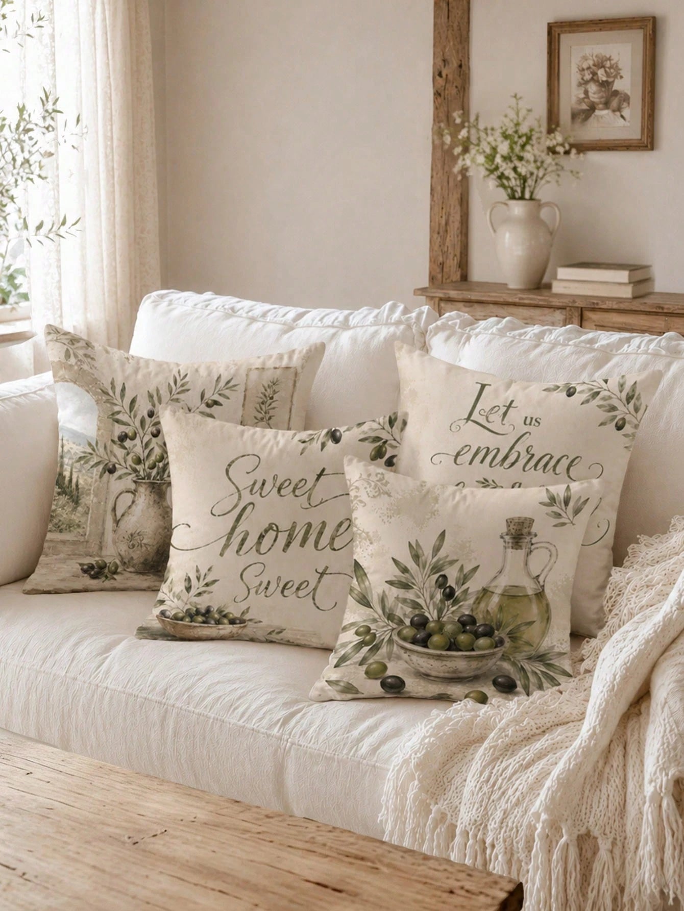 Vintage Olive Branch & Fruit Sweet Home Cushion Cover 4-Piece Set, Single-Sided Printed Peach Skin Velvet Polyester Material, 45*45CM Throw Pillow Covers For Modern Fabric Sofa Indoor Decor, Party Dec
