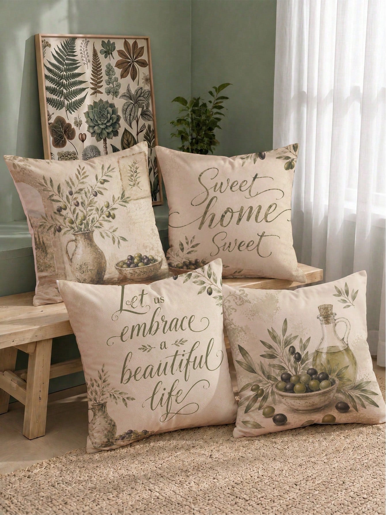 Vintage Olive Branch & Fruit Sweet Home Cushion Cover 4-Piece Set, Single-Sided Printed Peach Skin Velvet Polyester Material, 45*45CM Throw Pillow Covers For Modern Fabric Sofa Indoor Decor, Party Dec