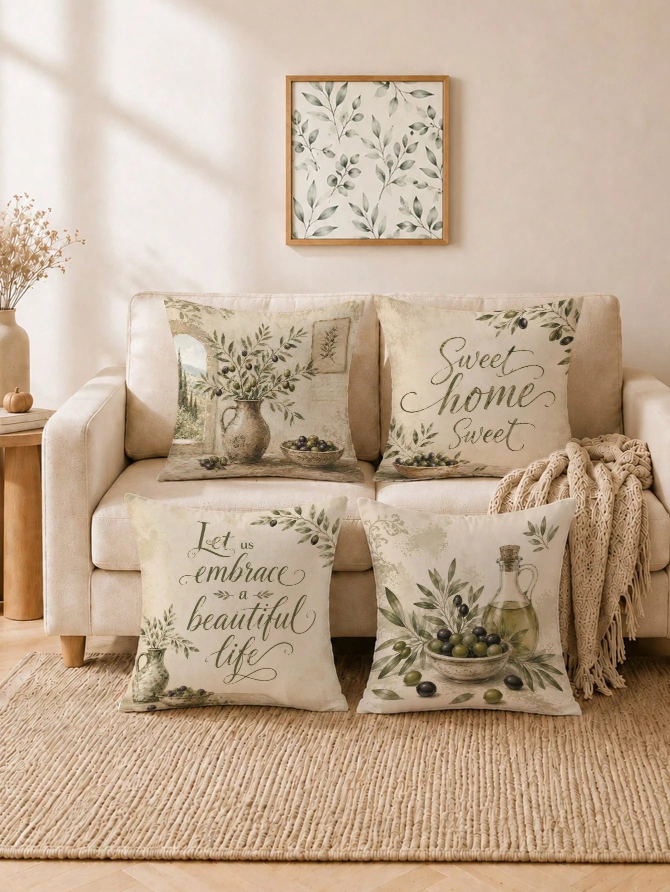 Vintage Olive Branch & Fruit Sweet Home Cushion Cover 4-Piece Set, Single-Sided Printed Peach Skin Velvet Polyester Material, 45*45CM Throw Pillow Covers For Modern Fabric Sofa Indoor Decor, Party Dec