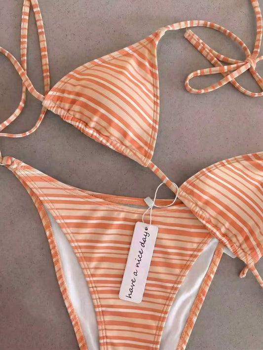Vintage Orange Striped Halter Neck Swimsuit Set, Sexy Push-Up High Waist Slim Fit Two Pieces Beach Swimwear, Suitable For Women's Summer Vacation