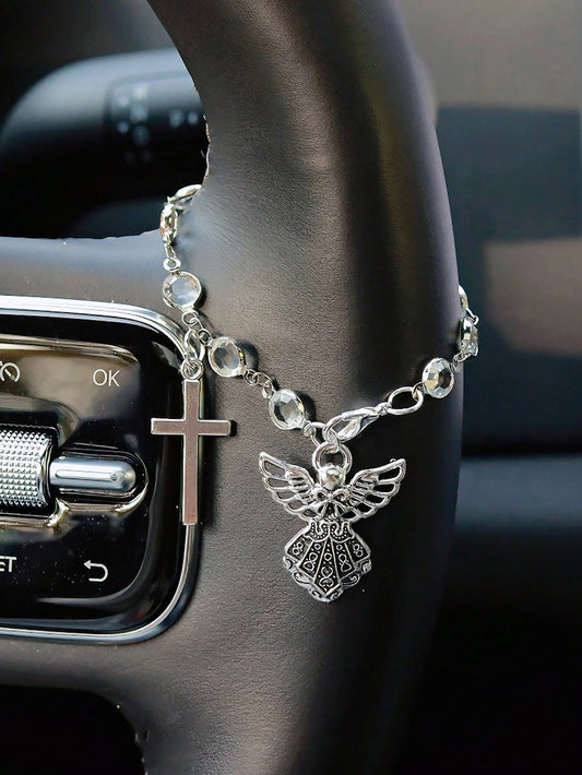 Vintage Silver Angel Cross Car Decor Transparent Crystal Bead Chain Multi-Use Steering Wheel Wrap, Rearview Mirror Pendant Handbag Charm & Bracelet For Women Religious Auto Interior Decor