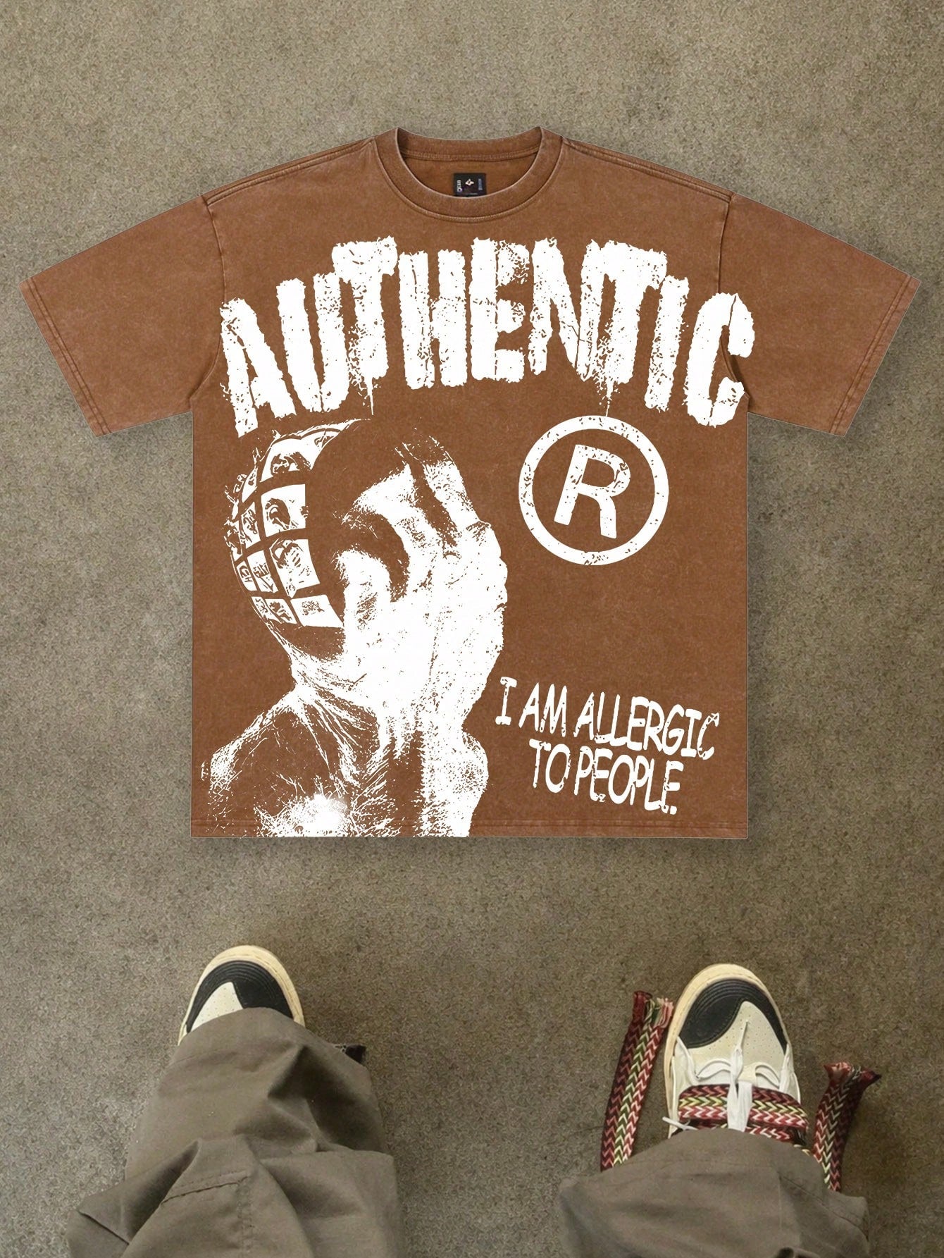 Vintage Washed Cotton 230g Printed T-Shirt, AUTHENTIC Abstract Portrait "I AM ALLERGIC TO PEOPLE" Theme, Distressed Washed Craft, Streetwear Cotton Tee, Holiday Gift