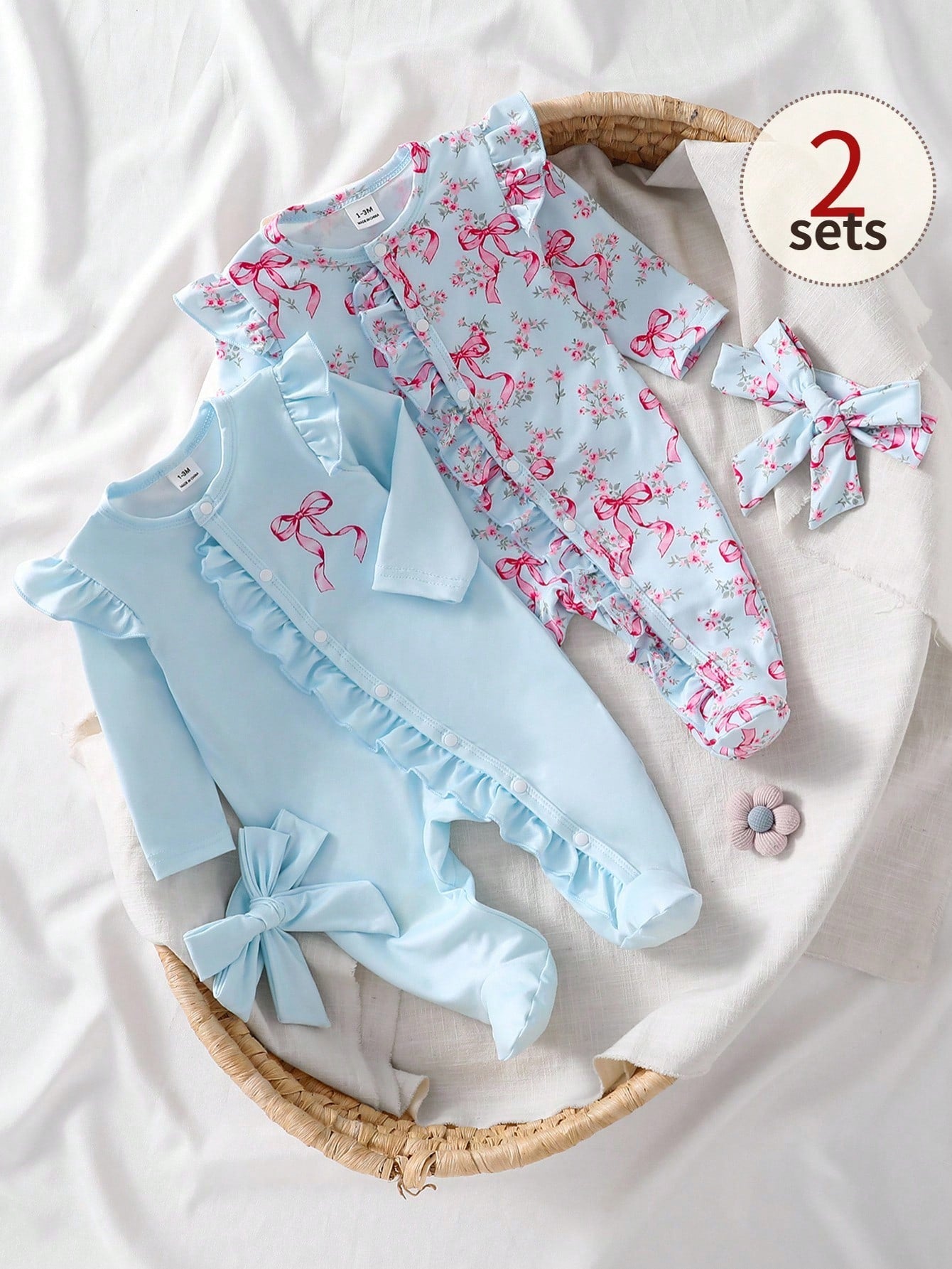Vintaside Kids 2-Piece Baby Girls Footed Romper Set With Headband,Light Pink,Autumn,Cute,Family Matching Floral Print Long Sleeve Pajamas Newborn Toddler Sleepwear