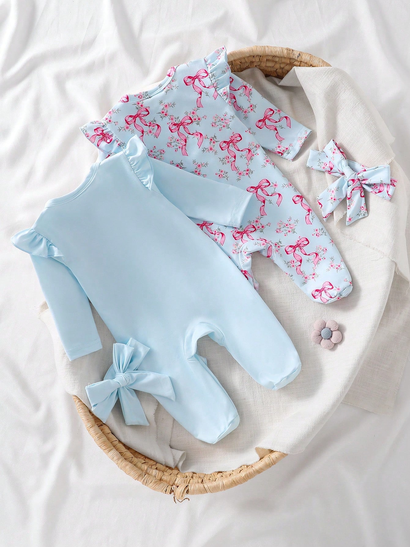 Vintaside Kids 2-Piece Baby Girls Footed Romper Set With Headband,Light Pink,Autumn,Cute,Family Matching Floral Print Long Sleeve Pajamas Newborn Toddler Sleepwear