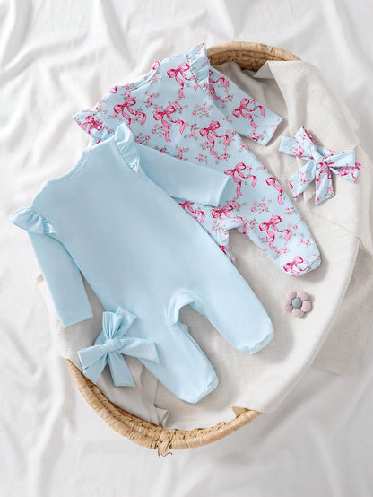 Vintaside Kids 2-Piece Baby Girls Footed Romper Set With Headband,Light Pink,Autumn,Cute,Family Matching Floral Print Long Sleeve Pajamas Newborn Toddler Sleepwear