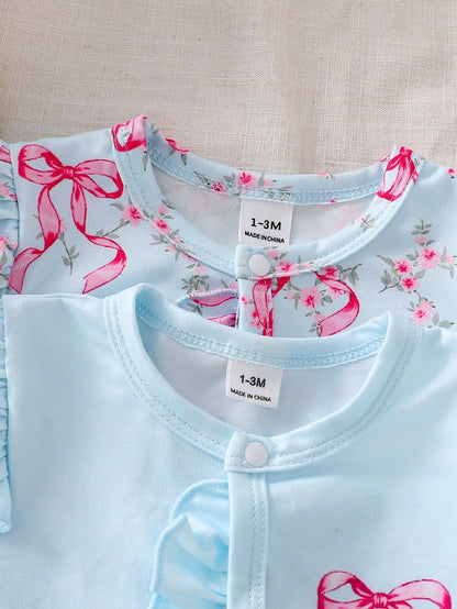 Vintaside Kids 2-Piece Baby Girls Footed Romper Set With Headband,Light Pink,Autumn,Cute,Family Matching Floral Print Long Sleeve Pajamas Newborn Toddler Sleepwear