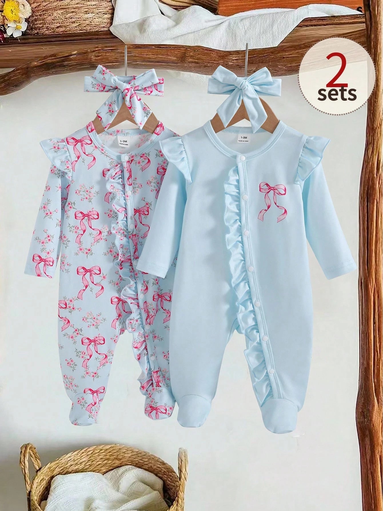 Vintaside Kids 2-Piece Baby Girls Footed Romper Set With Headband,Light Pink,Autumn,Cute,Family Matching Floral Print Long Sleeve Pajamas Newborn Toddler Sleepwear