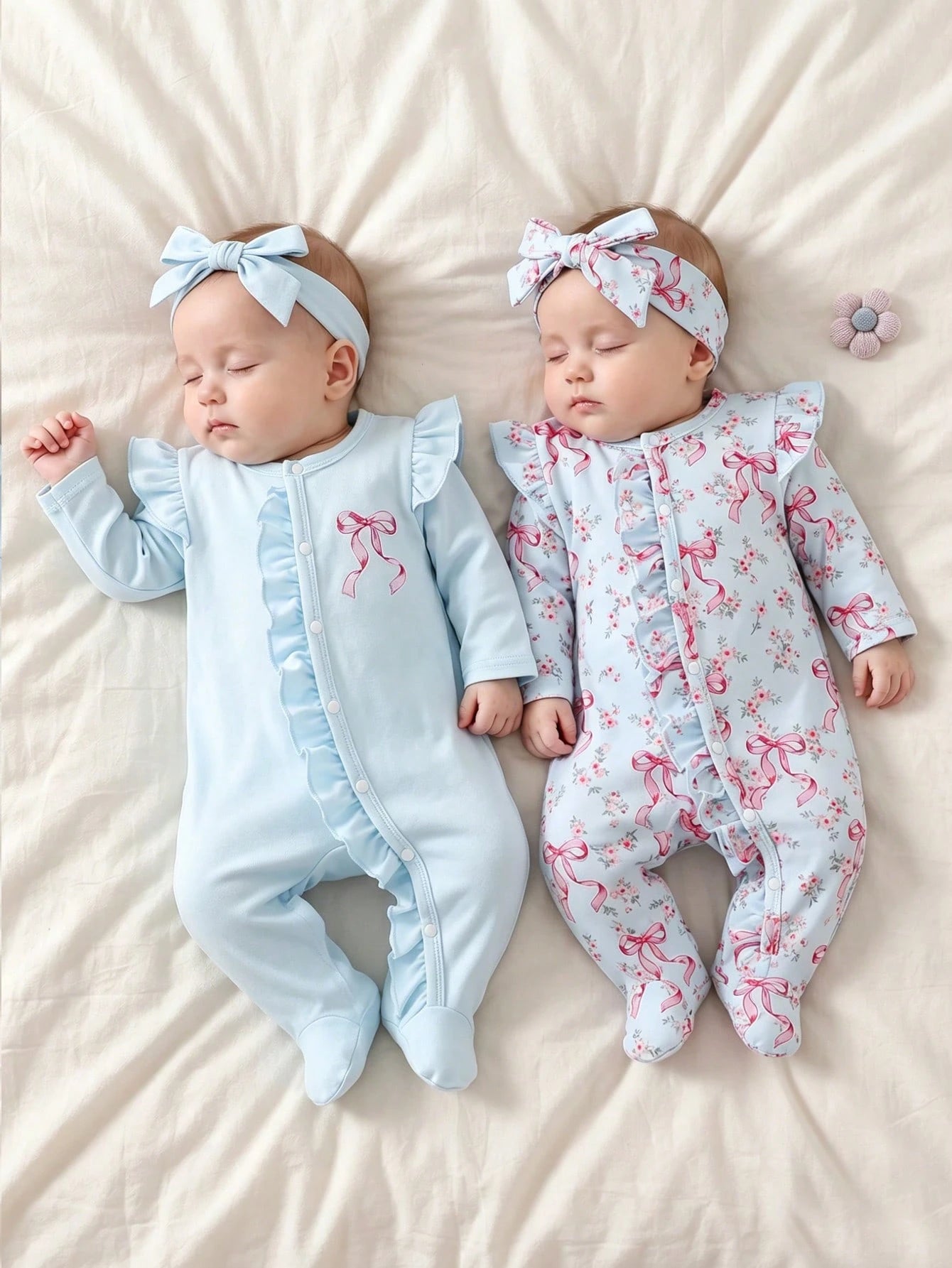 Vintaside Kids 2-Piece Baby Girls Footed Romper Set With Headband,Light Pink,Autumn,Cute,Family Matching Floral Print Long Sleeve Pajamas Newborn Toddler Sleepwear