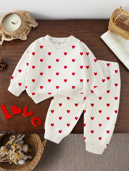 Vintaside Kids 2pcs Baby Girls' Valentine's Day Heart Print Sweatshirt And Sweatpants Set Photoshoot White And Red Autumn Cute