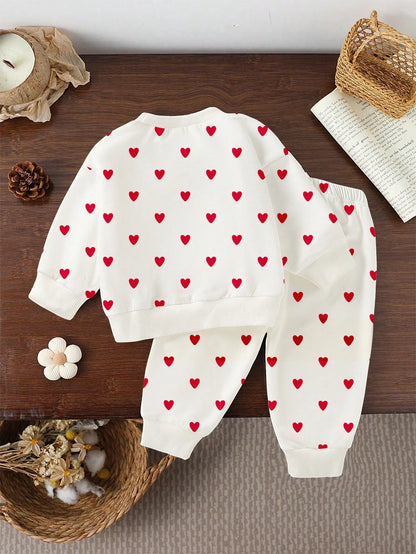 Vintaside Kids 2pcs Baby Girls' Valentine's Day Heart Print Sweatshirt And Sweatpants Set Photoshoot White And Red Autumn Cute