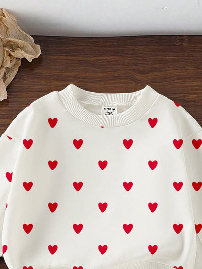 Vintaside Kids 2pcs Baby Girls' Valentine's Day Heart Print Sweatshirt And Sweatpants Set Photoshoot White And Red Autumn Cute