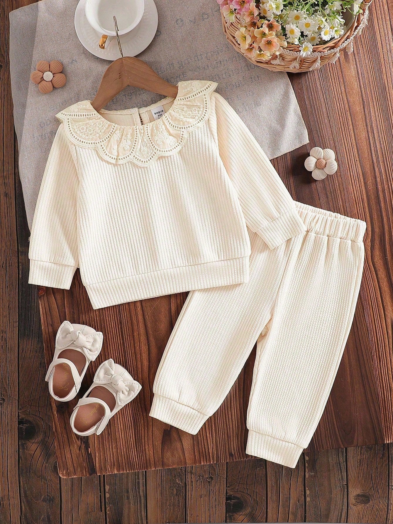 Vintaside Kids 2pcs/Set Baby Girl Outfit, Simple Design, Chic Collar, Spring, 5-12 Months Fall Winter