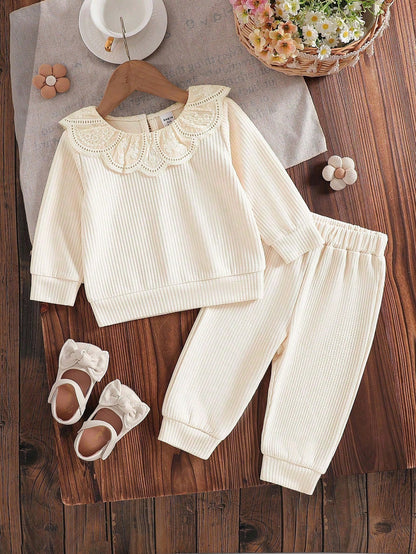 Vintaside Kids 2pcs/Set Baby Girl Outfit, Simple Design, Chic Collar, Spring, 5-12 Months Fall Winter