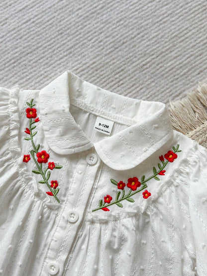 Vintaside Kids Baby Girl Casual Cute Floral Embroidered Collar Long Sleeve Blouse Top, Suitable For Spring, Summer, Autumn, Daily Wear